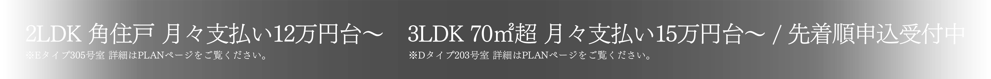 2LDK 角住戸 月々支払い12万円台〜 ※Eタイプ305号室 詳細はPLANページをご覧ください。3LDK 70㎡超 月々支払い15万円台〜 / 先着順申込受付中 ※Dタイプ203号室 詳細はPLANページをご覧ください。