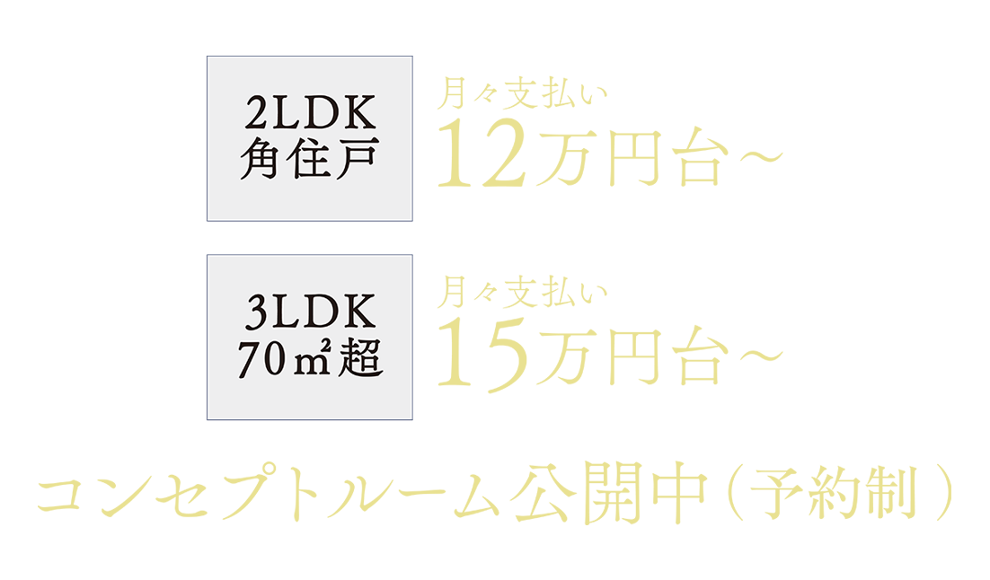 2LDK 角住戸 月々支払い12万円台〜 3LDK 70㎡超月々支払い15万円台〜 先着順申込受付中